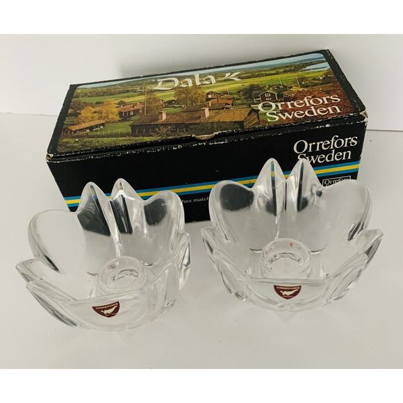 Vintage Orrefors Sweden Pair of Dish Taper Candleholders 4304 Lars Hellsten - Picture 2 of 12